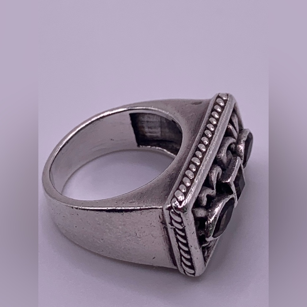 Vintage Sterling Silver Smokey Topaz & Citrine Engraved Rectangle Face Ring - Picture 10 of 12